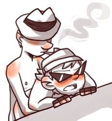 2boys blush bro_strider dad_egbert fingerless_gloves gay hat homestuck implied_sex lemonteaflower mr._egbert ms_paint_adventures naked open_mouth short_hair sunglasses white_background white_hair white_skin