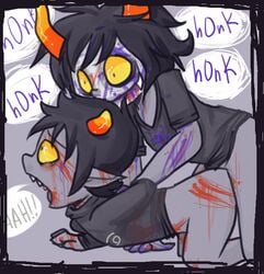 2boys anal black_hair blood dialogue facepaint gamzee_makara gay grey_background grey_skin homestuck horns karkat_vantas lemonteaflower ms_paint_adventures no_pants open_mouth pointy_ears rape scratches sharp_teeth shirt short_hair speech_bubble tear text troll yellow_eyes