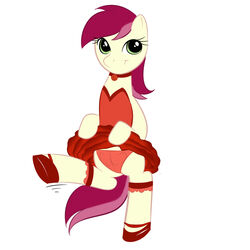 choker earth_pony equine friendship_is_magic green_eyes hooves kloudmutt lifted_skirt my_little_pony panties pink_hair red_hair roseluck_(mlp) smooth_skin tail two_tone_hair two_tone_tail