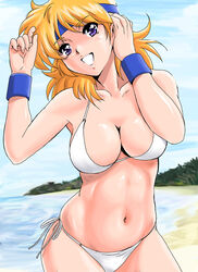 1girls artist_request beach bikini blonde_hair breasts cleavage female female_only looking_at_viewer lune_zoldark navel smile solo super_robot_wars