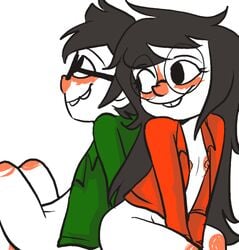 1boy 1girls black_hair bottomless breasts brother_and_sister buckteeth casual female glasses half-dressed homestuck incest jade_harley john_egbert lemonteaflower long_hair male male_and_female_focus ms_paint_adventures nipples open_clothes open_shirt shirt short_hair siblings small_breasts smile straight white_background white_skin wholesome