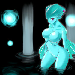 arms_behind_back blue_skin blush breasts earrings female female_only fin fish_girl jewelry large_breasts monster_girl multi_eye no_nipples nude numadaira ocarina_of_time pink_eyes pointy_ears princess_ruto purple_eyes solo the_legend_of_zelda water zora