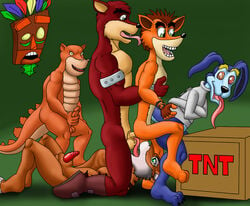 6boys aku_aku box cobra_mcjingleballs color crash_(series) crash_bandicoot crate crunch_bandicoot dingodile fur furry gay green_background incest interspecies male male_only multiple_males ripper_roo tagme tiny_tiger tnt tnt_crate yaoi