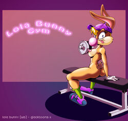 anthro ass baseball_cap breasts bubble bubble_gum color dumbbell female female_only fur furry furry_ass furry_breasts furry_ears furry_tail glack hat headgear lola_bunny long_ears looney_tunes mammal nude rabbit raised_tail sitting solo space_jam straddle tail text