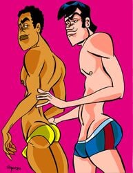 2boys archie_comics black_hair bulge chuck_clayton dark-skinned_male erect_nipples erection_under_clothes half-closed_eyes hand_on_hip imminent_sex interracial looking_at_partner male male_only mostly_nude multiple_males naughty_face penis_under_clothes reggie_mantle shorts speedo thick_lips underwear_only victor_hodge yaoi