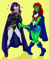 dc dc_comics dcau earth_16 forehead_jewel futa_with_female futanari green_skin horsecock intersex medium_breasts miss_martian purple_eyes purple_hair rachel_roth raven_(dc) red_hair teen_titans tyucan