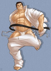 artist_logo bara brown_hair clenched_teeth fundoshi king_of_fighters male male_only muscular muscular_male open_jacket pants_down simple_background snk tagme takuma_sakazaki torieda video_games watermark white_clothes white_jacket white_pants