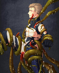 1boy aqua_eyes artist_request blush brown_hair cum cum_drip cum_everywhere cum_on_boy final_fantasy final_fantasy_vi legs_held_open male male_nipples male_only pecs rape restrained shadow_(clyde) shadow_(final_fantasy_vi) tentacle tentacle_on_male torn_clothes