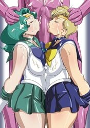 bishoujo_senshi_sailor_moon blonde_hair censored choker clothing cum earrings erect_nipples erect_nipples_under_clothes green_hair haruka_tenou hikawadou large_breasts long_hair michiru_kaiou oral_sex sailor_neptune sailor_uranus school_uniform short_hair skirt tagme threesome tiara