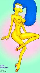 blue_hair breasts closed_mouth color curly_hair ears exposed_breasts eyes female female_only fluffy_(artist) hair high_heels human long_hair marge_simpson mouth nipples open_eyes round_ears shoes sitting solo the_simpsons yellow_skin