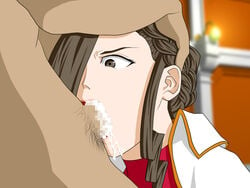 braid braided_hair brown_eyes brown_hair cum_in_mouth cum_in_throat deepthroat gyakuten_saiban hakari_mikagami head_grab oral pale_skin red_lipstick slim tagme