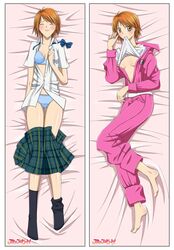 bed bow bra buttons closed_eyes kyoko_mogami panties pink plaid pointy_chin school_uniform skip_beat! socks stripes tagme uniform