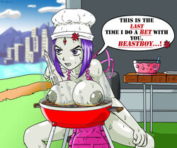 1girls anger_vein angry angry_face apron barbecue barbecue_grill big_breasts bondage breasts cannibalism collarbone cooked_alive cooking_vore covered_crotch covered_navel dc dc_comics female grey_body grey_skin gynophagia jim_sugomi large_breasts mutilation nipples outdoors outside purple_eyes purple_hair rachel_roth raven_(dc) self_harm solo speech_bubble straight_hair sweat sweating sweaty sweaty_body sweaty_breasts teen_titans