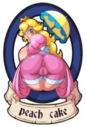 ass back_view bare_breasts big_ass big_breasts big_butt blush breasts breasts_out clothes color crown demien ear_piercing elbow_gloves female female_only gloves hair large_breasts long_hair looking_back mario_(series) nintendo perry_(nintendo) piercing princess_peach sideboob solo super_princess_peach tagme transparent_background umbrella yellow_hair