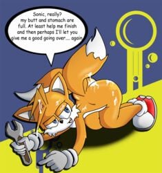 after_sex all_fours anthro ass bleeding-fingertips canine color cum english_text fox fur furry furry_tail male male_only multiple_tails solo sonic_(series) tagme tail tails text wrench