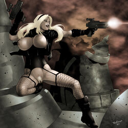 baby_doll_(sucker_punch) big_breasts blonde_hair boots breasts breasts_out corset fishnet_stockings functionally_nude garter_belt gloves gun jacket jaxtraw large_breasts pistol pubic_hair sucker_punch tagme