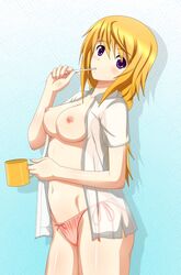 blonde_hair blush breasts charlotte_dunois clothes hair infinite_stratos long_hair open_clothes open_shirt see-through sheer shirt side-tie_panties toothbrush