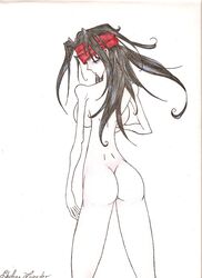 ass back_view backboob black_hair breasts color female female_only final_fantasy final_fantasy_vii hair headband human long_hair looking_back nude open_eyes red_eyes round_ears rule_63 solo standing vincent_valentine white_background