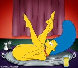 blue_hair breasts cartoon_avenger color cup curly_hair ears exposed_breasts eyes feet female female_only fork hair human indoors knife long_hair looking_at_viewer marge_simpson milf necklace nudity on_back open_eyes pearl_necklace pepper round_ears salt side_view skin solo the_simpsons toes yellow_skin