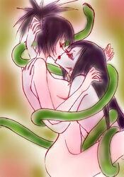 2girls age_difference androgynous black_hair embrace kissing mitarashi_anko multiple_girls naruto orochimaru romantic_couple rule_63 snake snake_tentacles tagme teacher_and_student tongue_kiss yuri