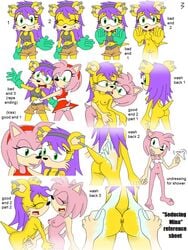 3pac amy_rose anthro breasts clothes color female female_only fingering fur furry furry_only green_eyes hedgehog interspecies long_hair mina_mongoose mongoose multiple_females nipples nude pink_hair purple_hair short_hair simple_background sonic_(series) standing uncensored vulva white_background yellow_fur yuri