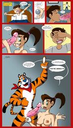 1girls 2boys anthro anthro_on_human ball_fondling blowjob brunette caressing_balls caught caught_in_the_act cum_strand cum_string frosted_flakes furry hiding_face human human_on_anthro mascot mature_female morning_sex mother motherly_cuckold selrock son tony_the_tiger waking_up what yawning