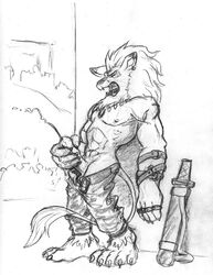 1male abs belt body_fur claws cum cumshot digimon ear_piercing earrings ejaculation erect_penis erection furry leomon leonine leonine_tail lion looking_pleasured male male_nipples male_only mane masturbation monochrome muscles necklace o_face open_pants orgasm pants pecs penis shirtless smooth_fur solo sword topless weapon