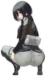 1girls ass attack_on_titan black_eyes black_hair blush boots cropped_jacket dat_ass denim female female_only highres huge_ass jacket jeans looking_back mikasa_ackerman namaniku_atk open_clothes open_jacket open_mouth pants pantylines shadow short_hair simple_background skin_tight solo squatting tight_jeans tight_pants white_background