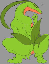 ass back_view colored female female_only grey_background grovyle looking_back nude pokemon pokemon_(species) pussy solo squatting tagme vulva zabraxas