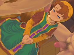 blush brown_hair censored clothing dragon_quest dragon_quest_vii dress female flat_chest long_hair maribel messy_hair nude pubic_hair saikyou_anaheim