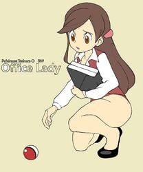 1girls artist_request brown_eyes brown_hair clerk_(pokemon) clothing crouching female game_freak long_hair nintendo npc_trainer open_mouth pink_skirt pokemon pokemon_bw shirt skirt white_shirt