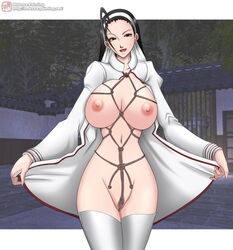 black_hair breasts chizuru_kagura curvy_female curvy_figure female female_focus female_only hairband huge_breasts king_of_fighters large_breasts long_hair mokusa nude nude_female open_clothes pale-skinned_female pale_skin pubic_hair rope rope_harness thighhighs thighs voluptuous