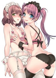 2boys androgynous ass ass_cleavage balls_in_panties blue_eyes bra brown_eyes brown_hair bulge butt_crack crossdressing dat_ass embarrassed femboy garter_belt garter_straps girly group licking_lips lingerie long_hair looking_at_viewer maid maid_headdress makuro male male_only multiple_males nipples open_mouth original panties penis penis_in_panties purple_hair short_hair stockings thighhighs tied_hair trap trap_on_trap twintails underwear yaoi