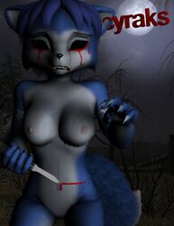 3d black_nose bleeding blood blood_stain bloody_knife bloody_tear blue_fur blue_hair breasts color cyraks ears exposed_breasts female female_only fox fur furry furry_breasts furry_ears furry_tail gore guro hair incision injury knife krystal moon night nose nudity outdoors pointy_ears self_harm solo star_fox tail underhand_grip white_fur wound