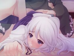 2girls anus ass blue_eyes blush censored dress female mononobe_no_futo multiple_girls no_panties on_stomach onsen_tamago_(nurumayu_onsen) ponytail pussy silver_hair skirt soga_no_tojiko tied_hair touhou white_hair yuri