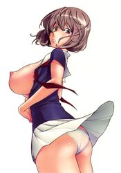 1girls aoki_yuriko ass bakuman breasts brown_eyes brown_hair erect_nipples female female_only flashing fukudahda highres huge_breasts kensou_ogawa large_breasts legs looking_back mole nipples open_clothes open_shirt panties pantyshot short_hair sideboob skirt solo underwear undressing white_panties wind_lift