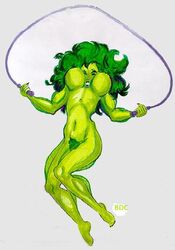 1girls artist_name avengers becdecorbin big_breasts breasts female female_only green_hair green_skin hairy_pussy hulk_(series) jump_rope marvel marvel_comics muscular muscular_female nipples nude pubic_hair pubic_mound she-hulk solo white_background