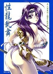 ass beige_skin breasts clothes color dynasty_warriors female female_only hair headband human looking_at_viewer looking_right nipples open_eyes purple_hair round_ears rule_63 side_view solo standing text translation_request zhao_yun