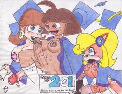 2011 3futas anthro bandicoot breasts brown_eyes brown_hair coco_bandicoot color crash_bandicoot_(series) crossover dark-skinned_female dark_skin dora_marquez dora_the_explorer fellatio fur furry futanari human intersex interspecies latina mammal mario_(series) marsupial multiple_intersex nickelodeon nintendo oral princess_daisy short_hair takumi traditional_media_(artwork)