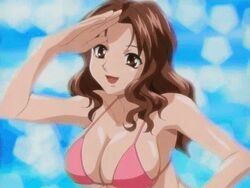 1girls akahori_gedou_hour_rabuge animated big_breasts bikini bikini_top bounce bouncing_breasts breasts brown_eyes brown_hair busty cleavage close-up closed_eyes head_out_of_frame hokke_otone hourglass_figure jump_rope large_breasts long_hair lowres otone_hokke pool salute screencap smile solo string_bikini swimsuit voluptuous wavy_hair