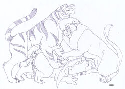 aladdin anal anal_sex animal_genitalia animal_penis bayleef crossover disney feral feral_on_feral feral_penetrating_feral furry furry_only gay group_sex gwon kovu lion male/male male_only monochrome no_humans penis pokemon pokemon_(species) rajah the_lion_king the_lion_king_ii:_simba's_pride threesome tiger