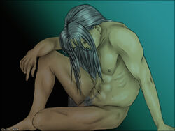 1boy 2005 abs closed_eyes final_fantasy final_fantasy_vii grey_hair long_hair looking_down male male_focus male_only muscular muscular_male naked nude penis pubic_hair requiem sephiroth simple_background sitting solo solo_focus treasure_trail yaoi