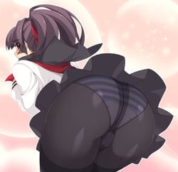 1girls akatsuki_alut ass bent_over black_hair blush crotch_seam fat_mons female female_only highres long_hair looking_back mel/a original panties panties_under_pantyhose pantyhose pantyshot ponytail saionji_mikoto school_uniform skirt solo striped striped_panties thighband_pantyhose tied_hair underwear upskirt