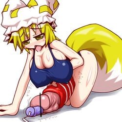 148bpm 1:1 animal_ear artificial_vagina blonde_hair breasts dildo fox_ear fox_tail futa_urethral_insertion futanari hair huge_breasts huge_cock insertion intersex kanon_(148bpm) penis ran_yakumo saliva tail tongue touhou urethral_insertion yellow_eyes