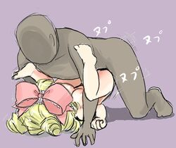 1boy 1girls ambiguous_penetration blonde_hair breasts faceless_male female grey_body hinaichigo light-skinned_female lying lying_on_back male medium_hair motion_lines pink_bow pink_ribbon rozen_maiden sex simple_background size_difference straight