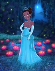 blush breastless_clothes breastless_clothing breasts casual_nudity dark-skinned_female disney disney_princess dress elbow_gloves enigmawing exposed_breasts female female_only fireflies firefly full_body gown human moss necklace night nipples nonsexual_nudity outdoors presenting_breasts royalty smile solo standing tagme the_princess_and_the_frog tiana tiara topless topless_dress white_elbow_gloves