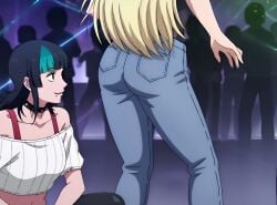 ai_generated animated animation background_people belt big_ass big_booty black_jeans black_pants blonde_female blonde_hair blue_jeans club dance_floor dancing flashing_lights jabbaman58 jeans jiggle_physics jiggling_ass jjk jujutsu_kaisen kirara_hoshi lip_piercing long_hair night_club party pull_down_pants rave shaking_ass striped tagme taller_female tank_top thong tight_clothing tight_jeans trans_woman video yuki_tsukumo