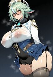 1girl ai_generated alternate_breast_size animal_ears arms_behind_back beret black_background black_thighhighs blue_hair blush breasts cat_ears clothing covered_nipples eyewear female female_masturbation frilled_leotard garter_straps genshin_impact glasses gold_trim gradient_background green_hair grey_thighhighs hair_between_eyes hat huge_breasts large_breasts legwear leotard long_sleeves masturbation multicolored_hair novart01 plump pussy_juice see-through semi-rimless_eyewear shrug_(clothing) simple_background skindentation solo steam steaming_body streaked_hair sucrose_(genshin_impact) sweat thick_thighs thighhighs thighs two-tone_leotard vision_(genshin_impact) white_headwear yellow_eyes