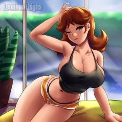 1girls alternate_version_available artist_name big_breasts black_tank_top black_thong blue_eyes breasts brown_hair casual_clothes cleavage clothing dolphin_shorts female female_only hair hand_on_head hips huge_breasts leonart long_hair mario_(series) nintendo one_eye_closed princess_daisy short_shorts shorts solo solo_female tank_top thighs thong tongue tongue_out topwear wink winking yellow_shorts