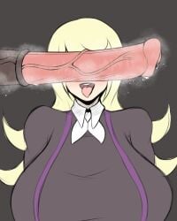 ace_trainer_(pokemon) ace_trainer_(pokemon_xy) astrid_(pokemon) big_breasts blonde_female blonde_hair excited_female eyes_hidden horsecock paizuiri_(artist) pokemon pokemon_xy shirt tongue_out